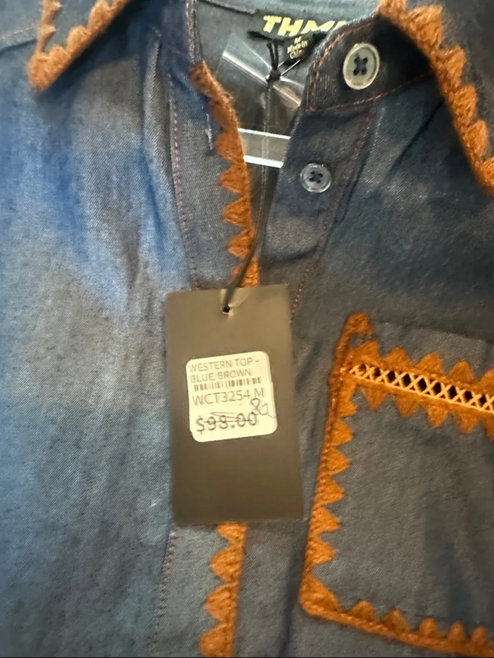 THML Indigo Puff-Sleeve Denim Shirt with Rust Trim - Picture 3 of 4